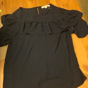 LOFT Navy Ruffle-Trim Blouse